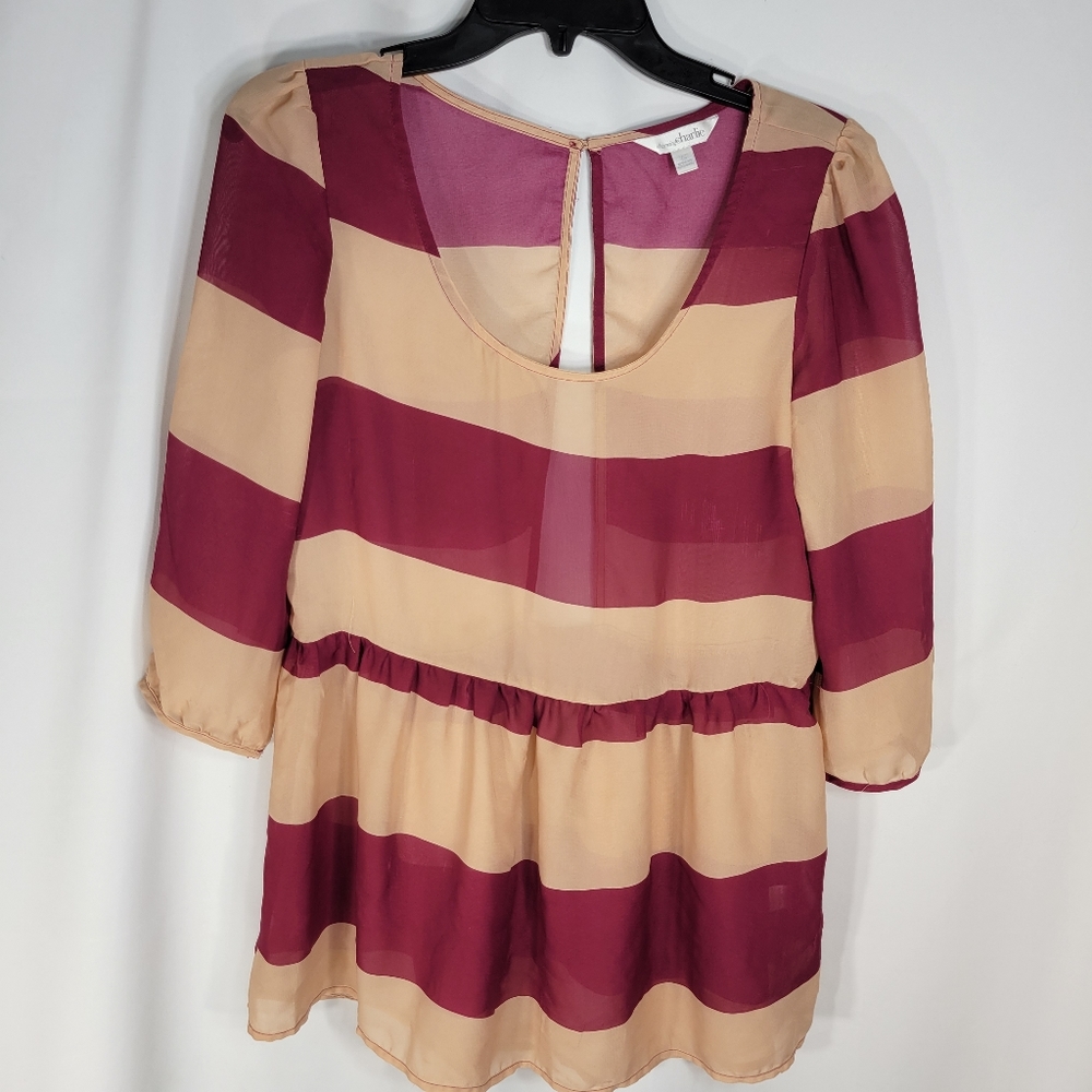 Charming Charlie Burgundy & Tan Wide Stripe Semi-Sheer 3/4 Sleeve Top Sz Medium
